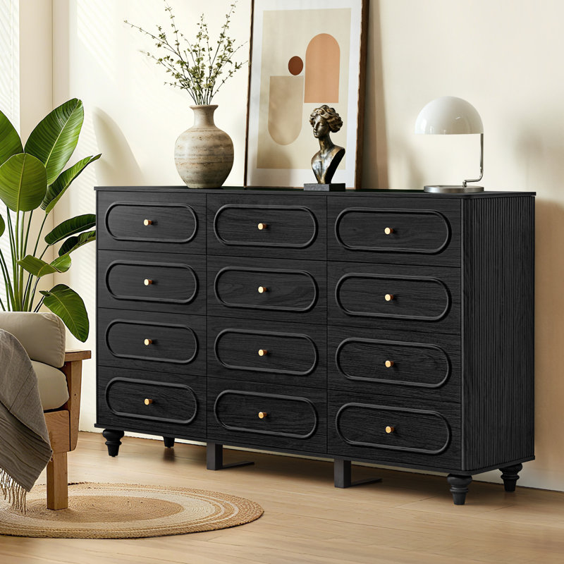 Commode 12 tiroirs de style minimaliste rétro, Noir