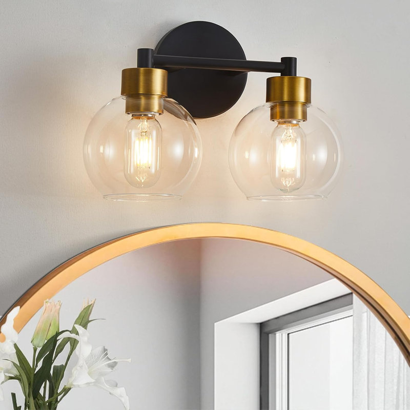 Luminaire de meuble-lavabo avec abat-jour en verre transparent, applique murale de salle de bain 2 lumières pour miroir, cuisine et escalier, design industriel moderne, base à douille E26