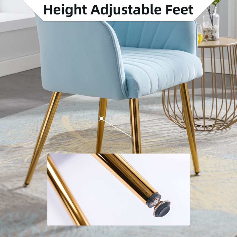 Velvet Desk Chair no Wheels, Home Office Armchair with Gold Base, Vanity Chair with Back for Make-up, Light Blue