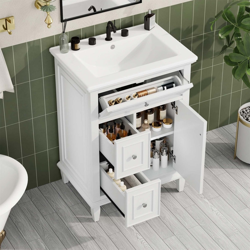 Meuble-lavabo de salle de bain avec lavabo, tablette réglable, tiroir rabattable et deux tiroirs pour un rangement et un style améliorés