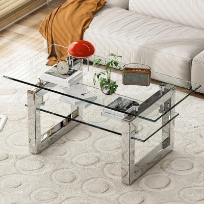 39.3" Silver Coffee Table with 2 Tiers Storage, Mirrored Glass Coffee Table with Stainless Steel Legs, Rectangle Center Table for Living Room
