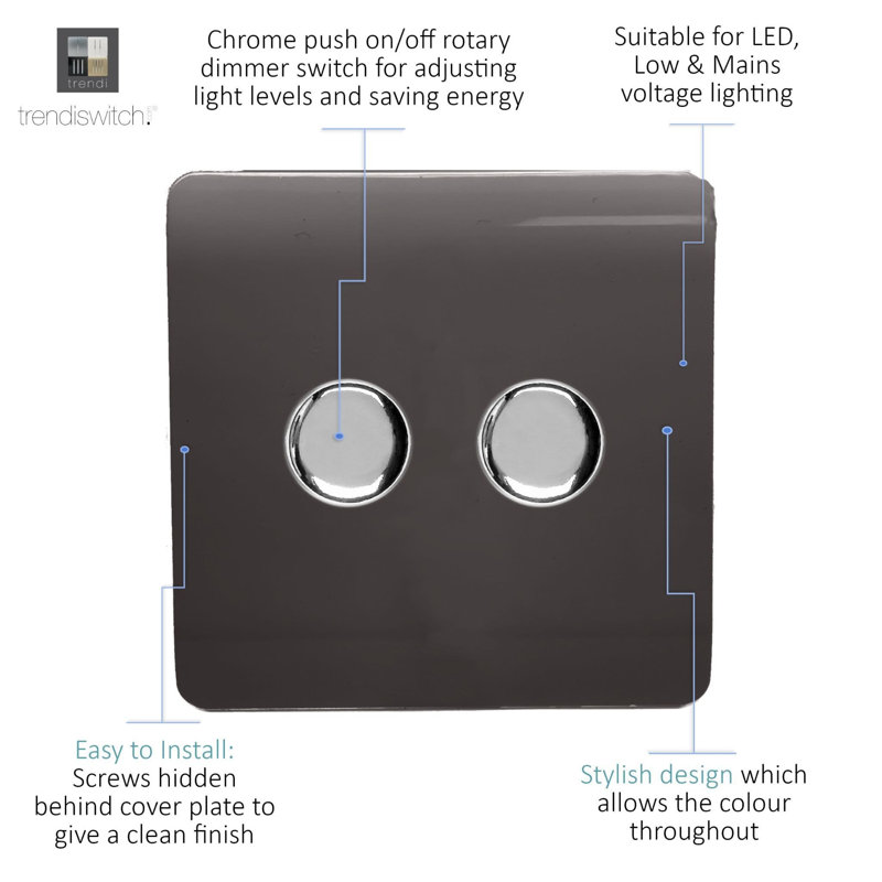 Trendi Switch 2 Gang 1 or 2 way 100w Rotary LED Dimmer Light Switch, Dark Brown