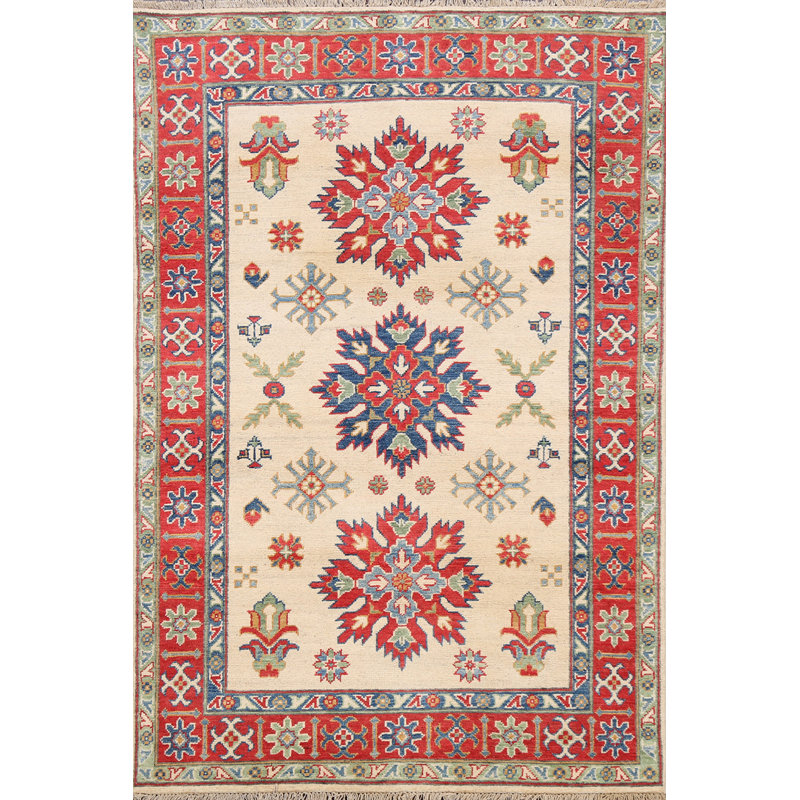 Tapis beige en laine noué à la main de conception unique 4 pi x 5 pi 8 po