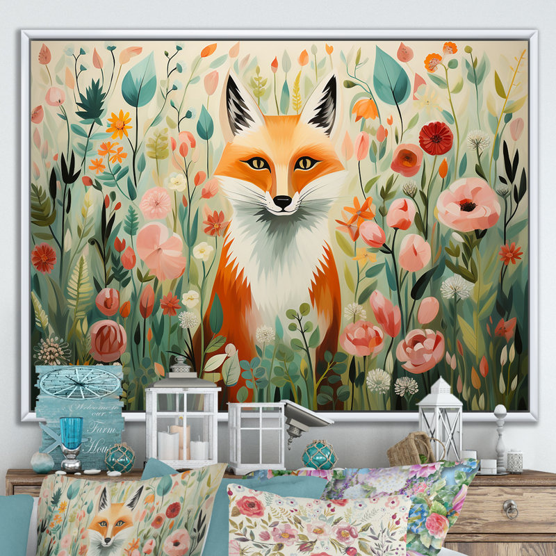 Art sur toile renard orange et rose de style IV - renard, Cadre flottant blanc, H 30 po x l 40 po x P 1,5 po
