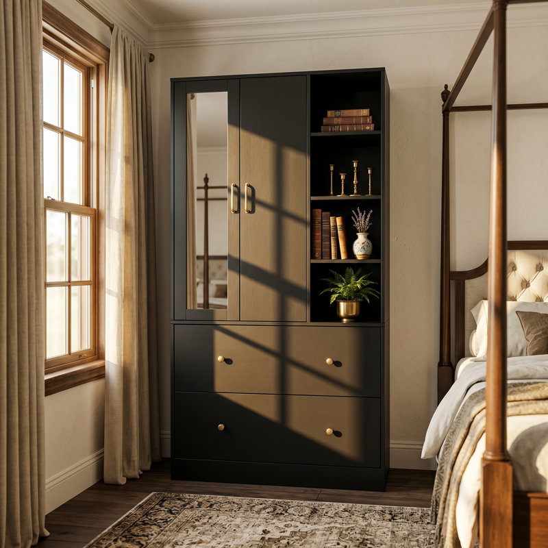 Ziyah Modern Wardrobe with Scalable Hanging Rod and Spacious Storage, Black