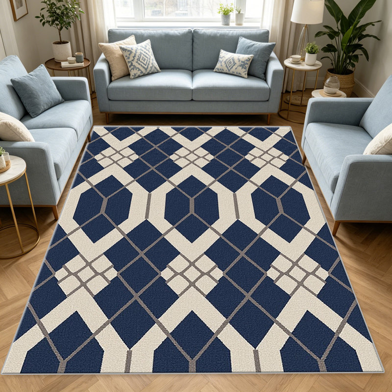 Navy Lattice area rugs for Living Room, Soft and Comfortable, Suitable for all seasons, easy to maintain, machine washable Indoor floor mat, Under Table Farmhouse suitable for Bedroom, Dining Room, Study, Patio, Balcony, Home Decor