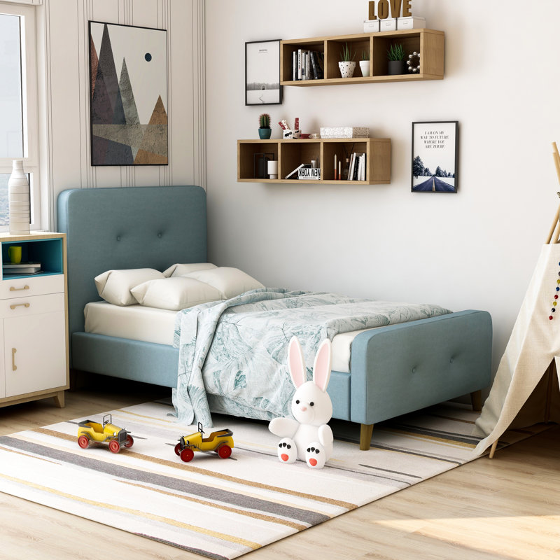 Lit plateforme tapissier touffeté, Bleu clair, Jumeau