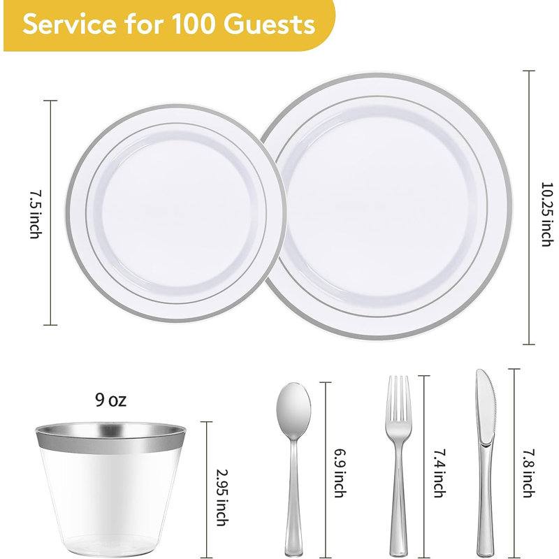 Ensemble de fournitures de fête de mariage jetables en plastique, Argent