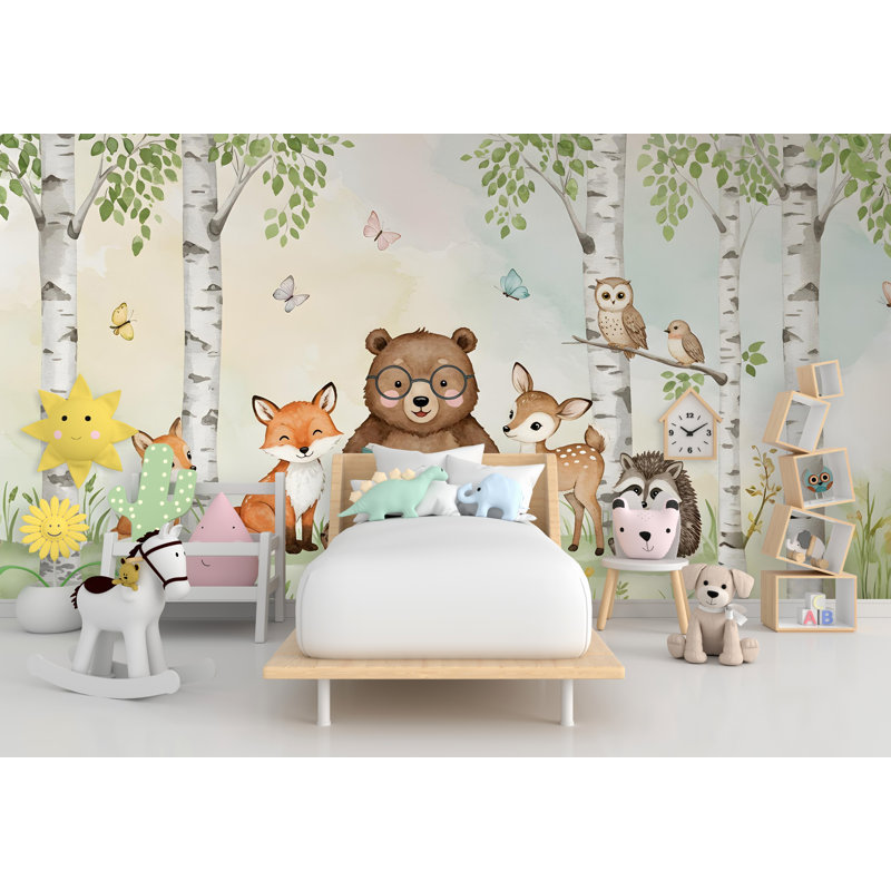 Ours lisant un livre, graphique mural, pelez et collez, papier peint forêt, chambre d'enfant, L 120 po x l 80 po