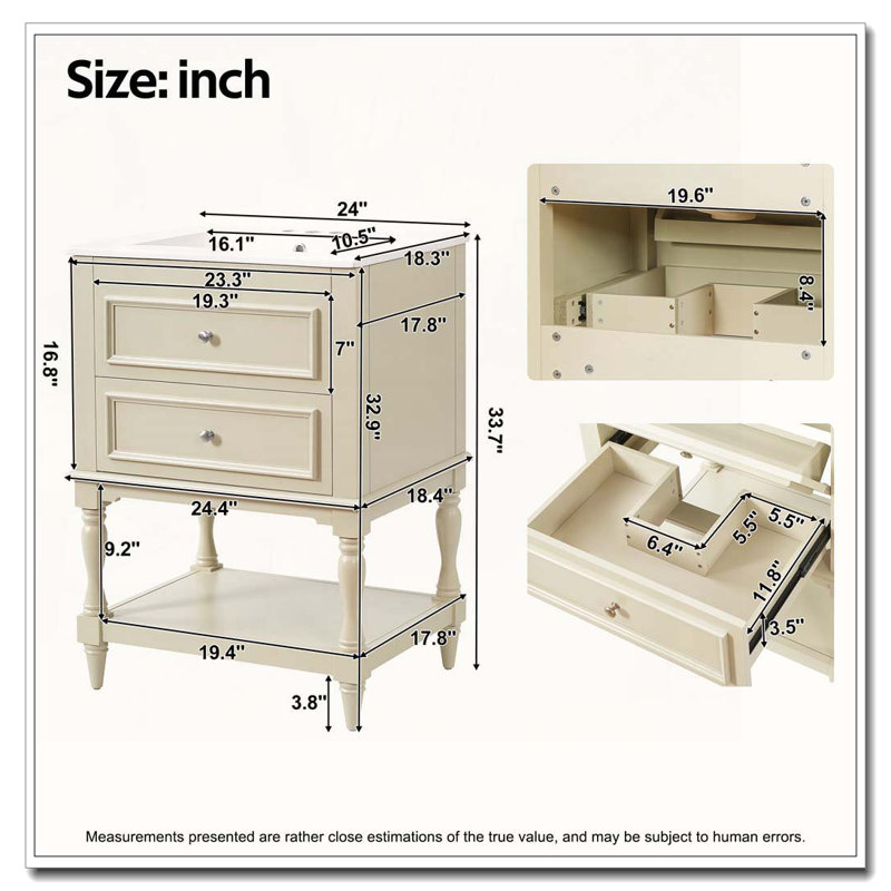 Meuble-lavabo 24 po avec lavabo en céramique, Beige