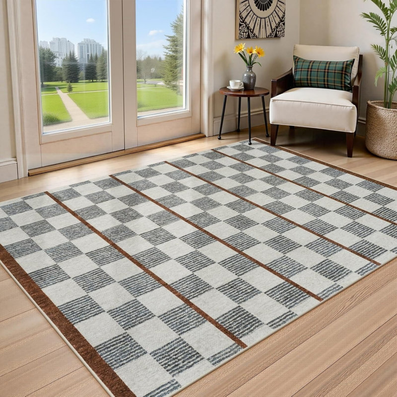 Grey Beige Checkered Striped 5 × 7 Ft Rug for Dining Room Entryway