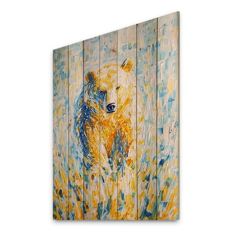 «Grizzly Bear In Summer Landscape I», art mural moderne sur bois de pin naturel, H 32 po x l 24 po