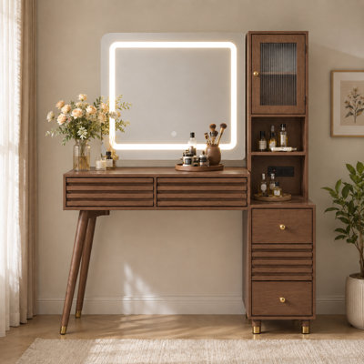 Coiffeuse de 117 cm avec miroir lumineux, 5 tiroirs, armoire en verre cannelé, étagères ouvertes, prise électrique et pieds en hévéa massif, couleur naturelle