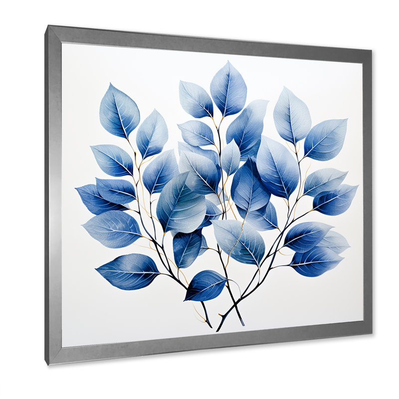 Collage de feuilles blanches et bleues sur toile, Cadre simple argenté, H 30 po x l 30 po x P 1 po