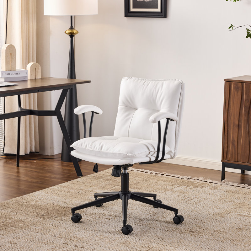 Tufted Button Double Layer Padding Faux Leather Swivel Office Chair, White