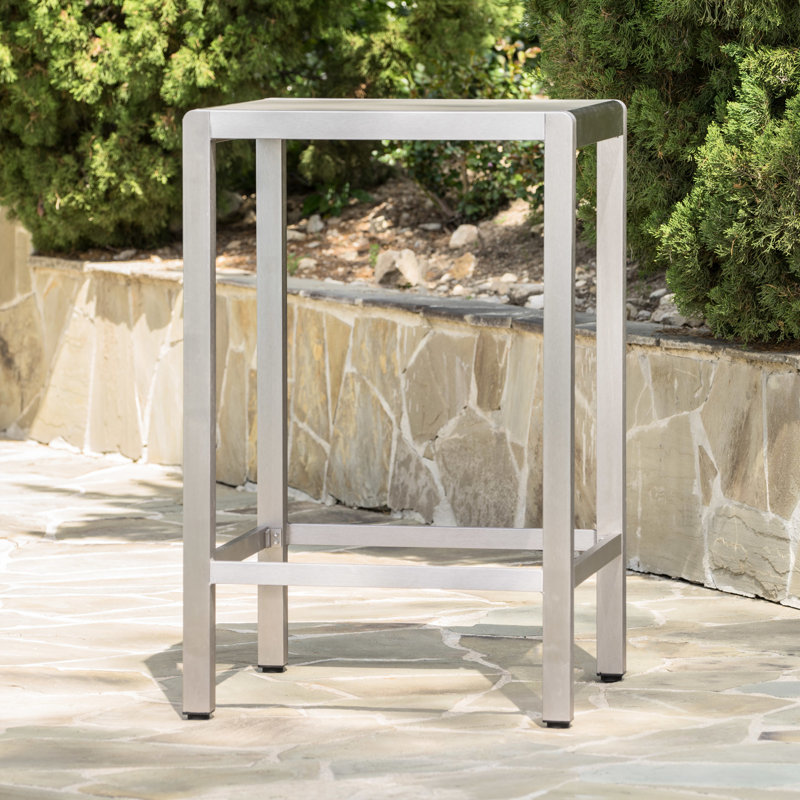 Table de bar d'extérieur légère en aluminium avec plateau en verre gris impureté et cadre antidérapant
