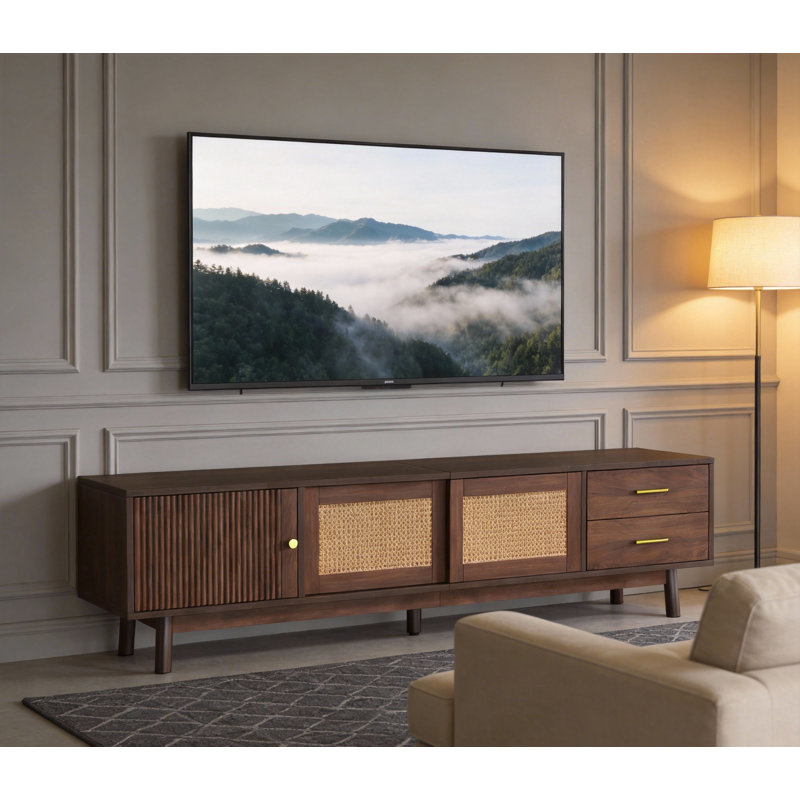 Dark Brown Rattan & Fluted TV Stand 70.87” - Fits 70-79 Inch Tvs With Storage