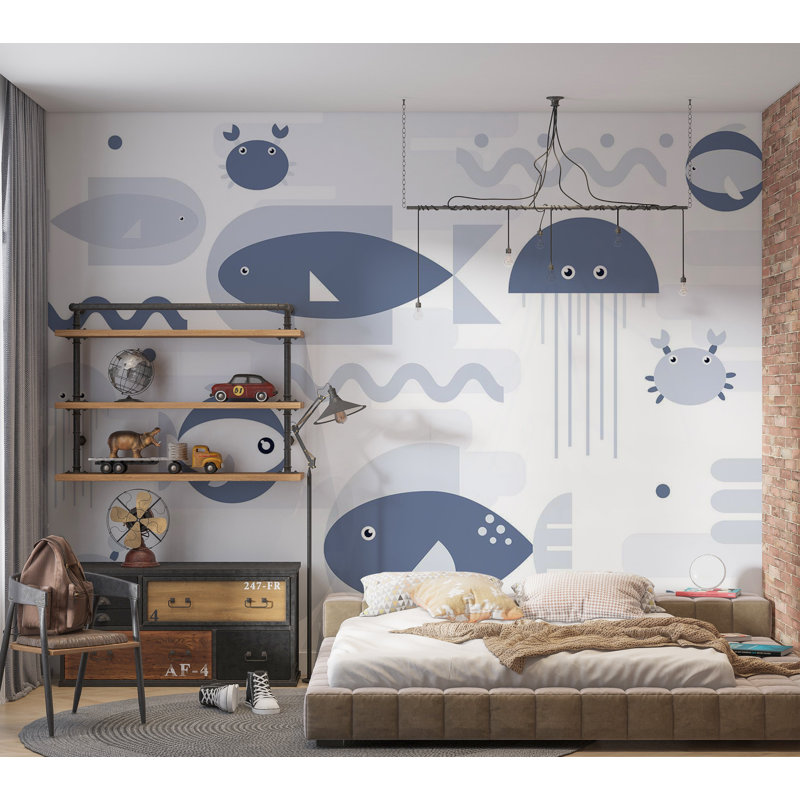 Peel & Stick Kids Wall Mural - Geometric Fish And Crabs, 55" L x 77" W