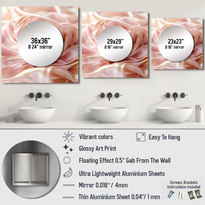 Gentle rose lisse tissu vague - grand miroir carré abstrait à encre liquide pour décoration murale, 36 po x 36 po