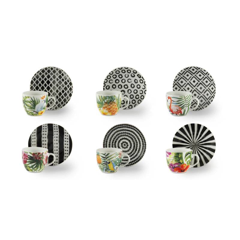 Excelsa set of 6 espresso cups with saucers Tropical Chic porcelain 7 cl