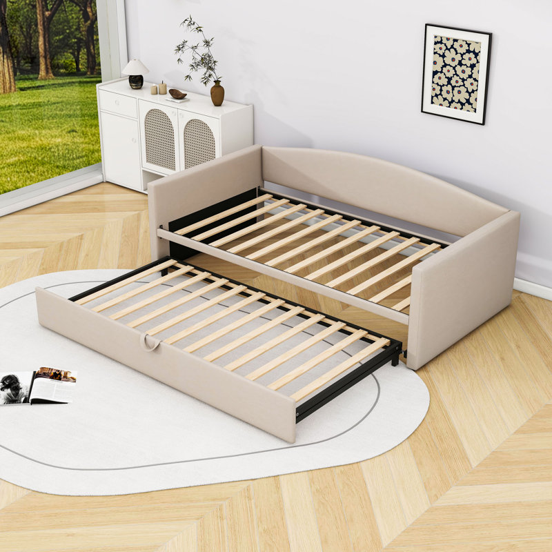 Twin Velvet Upholstered Daybed with Adjustable Pop-Up Trundle, Beige