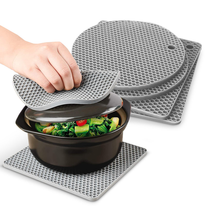  Silicone Trivets 4 Pack Heat Resistant Non Slip Mats, Gray