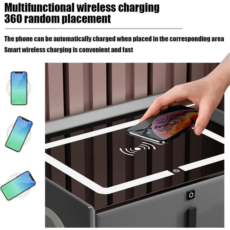 Smart Bedside Table With 3-Color Light, Wireless Charging, USB, Bluetooth Speaker & Fingerprint Lock, Grey