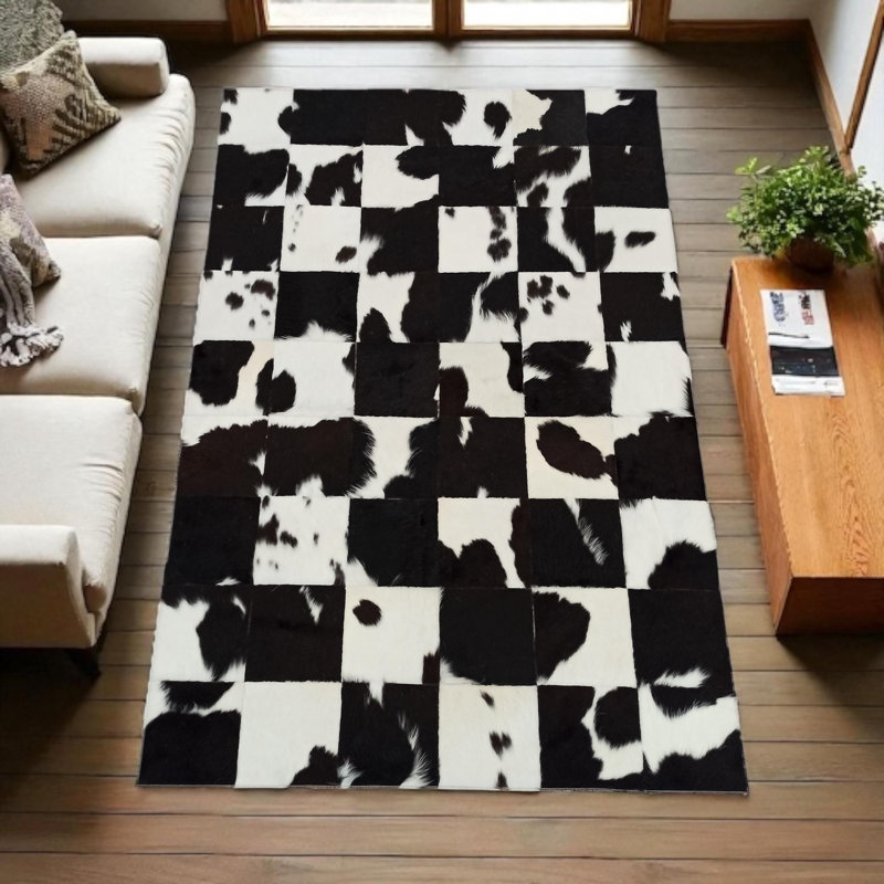 Tapis en cuir de vache noir et blanc_10 x 14 pi, Rectangle 10 pi x 14 pi