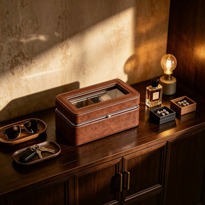 Vitrine de montre en cuir trempé et cuir à 8 fentes de 8 pouces, organisateur de rangement de bureau brun pour garde-temps et accessoires