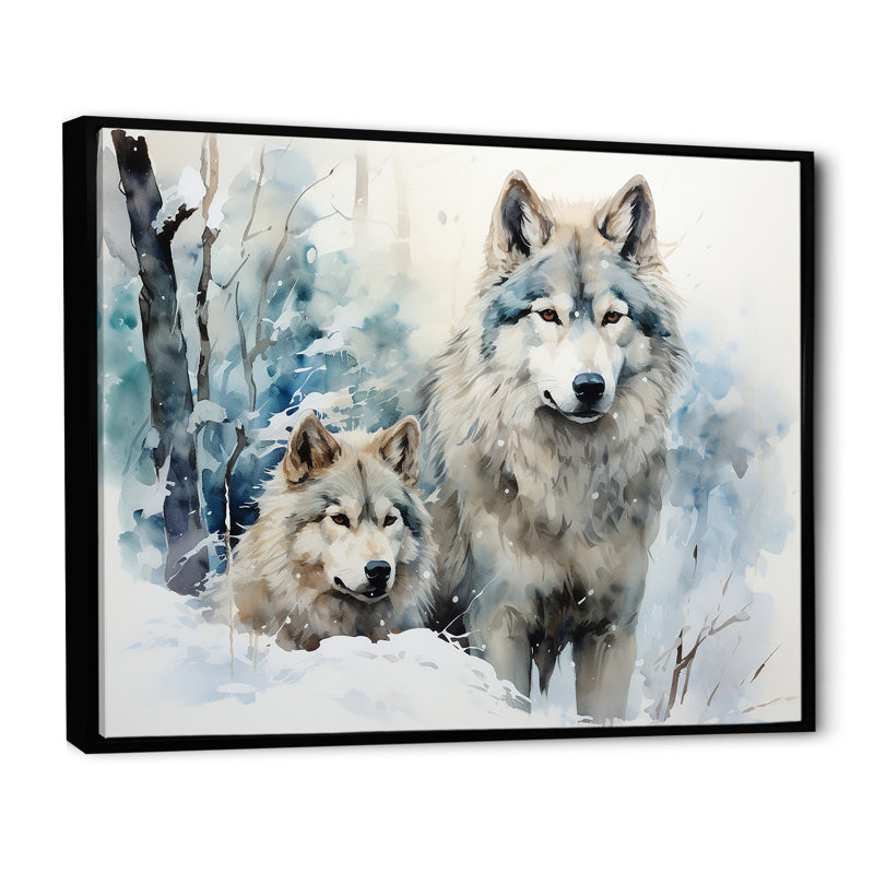 Neige loups en hiver II - loup, art mural, Cadre flottant noir, H 30 po x l 40 po x P 1,5 po