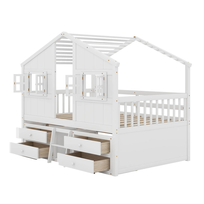 Full Size Wooden House-Shaped Loft Bed With Roof, Windows, 4 Storage Drawers, White