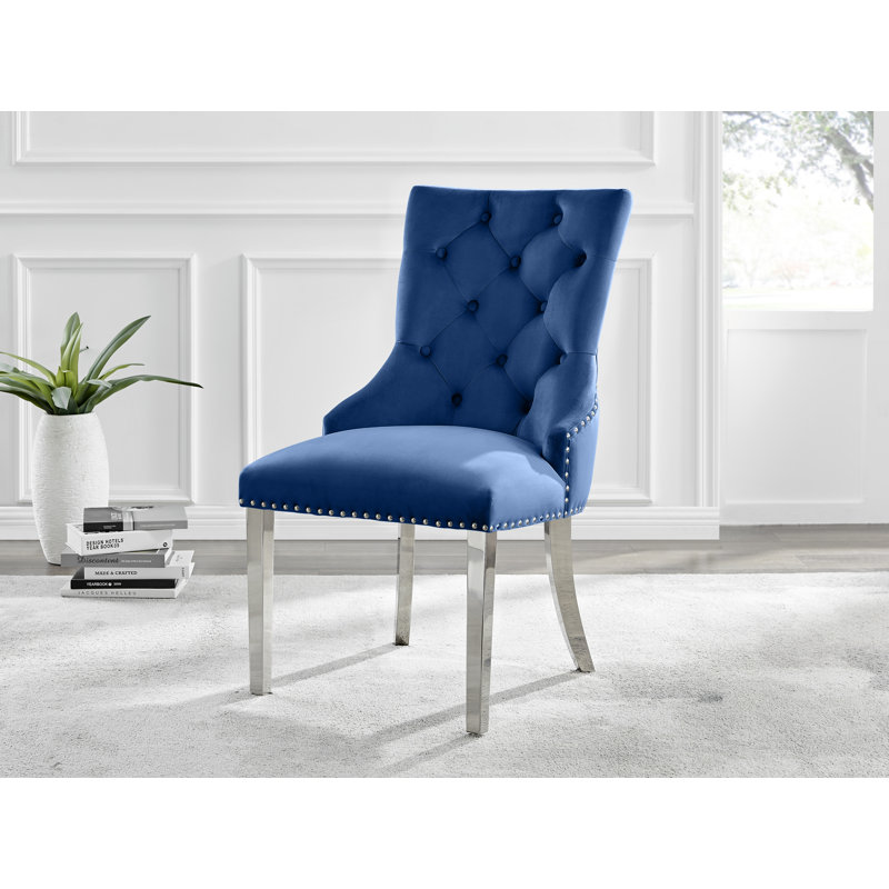Eubanks Velvet Knockerback Dining Chairs with Metal Rivets and Chrome Legs, Grey, Silver