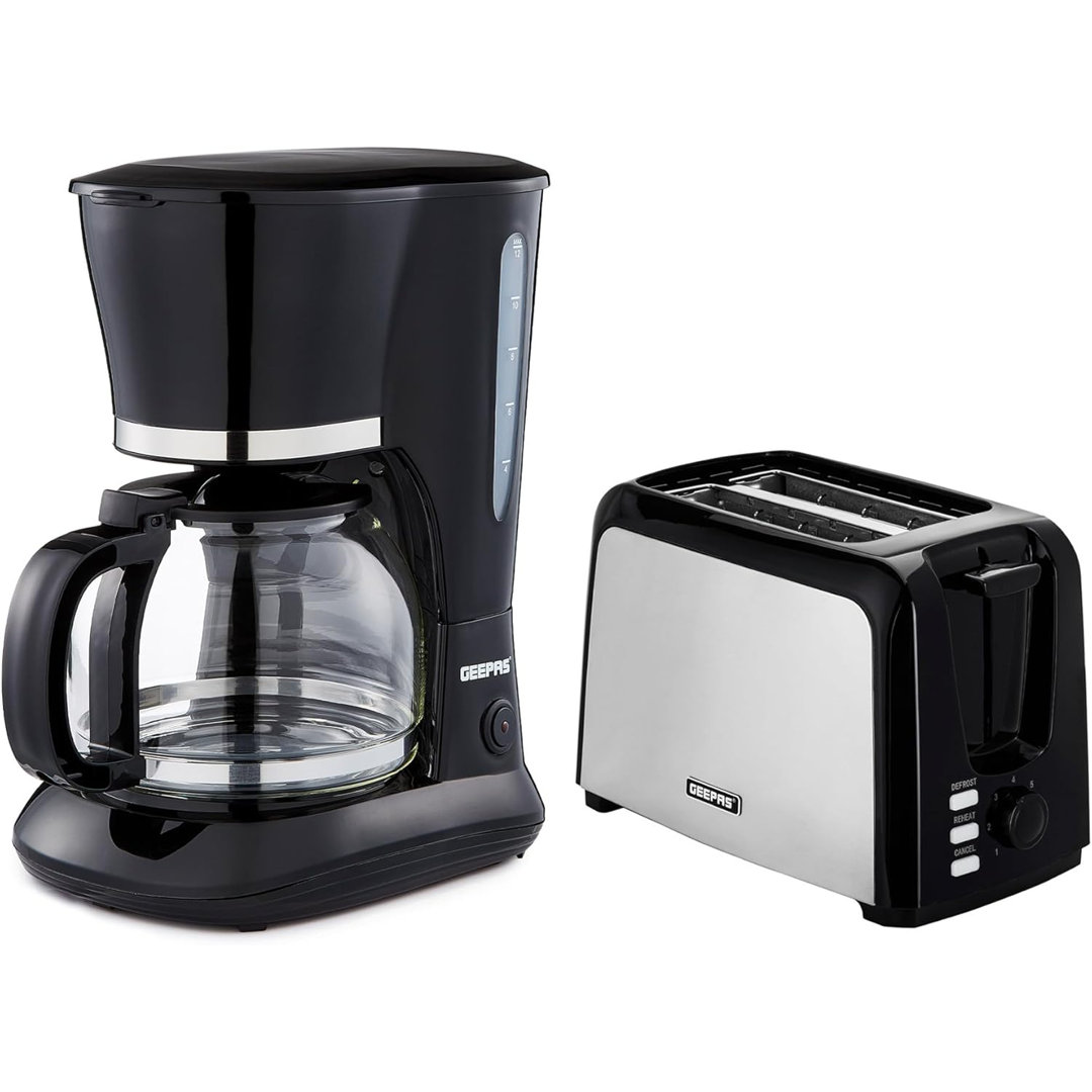 Geepas Unisex Black 1.5L Filter Coffee Machine & 2 Slice Toaster Combo Set In - Image 6