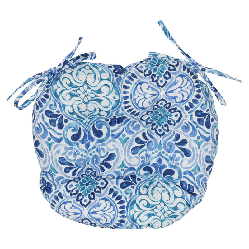 16-Inch Round Outdoor Tufted Chair Cushions (Set Of 2), White/Blue/Fiorella Baltic Moroccan