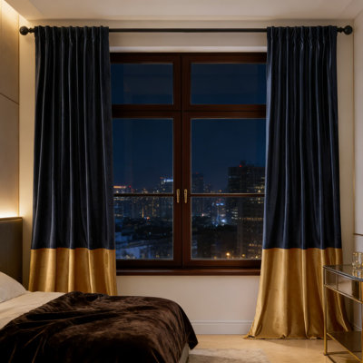 Navy Blue And Gold Velvet Blackout Curtains For Living Room And Bedroom, Modern Color Block Design With Back Tab And Rod Pocket, Soundproof Thermal Insulated Drapes, 2 Panels Per Pack