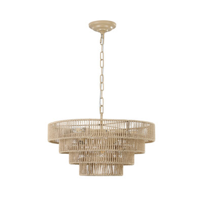 20" Rustic 4-Tier  Hemp Rope Pendant Light Chandelier With 6 E12 Sockets, Handmade Tiered Boho Ceiling Light Fixture For Dining Room, Kitchen, Or Foyer (Bulb Not Included)