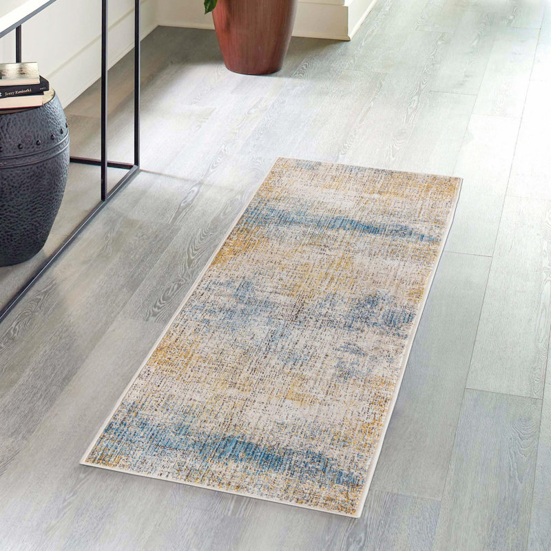 Tapis de couloir contemporain bleu clair / ivoire Ainaires, Tapis de couloir 2 pi x 6 pi