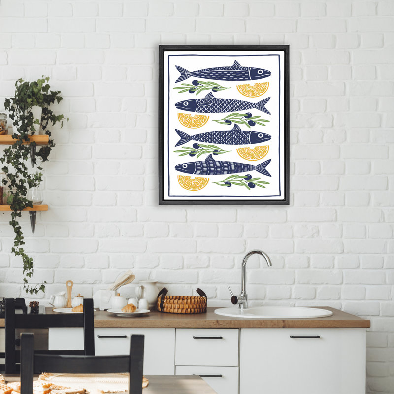 Cadre flottant poisson, citron et olives, design par Bex Morley Design, Cadre flottant noir de jais, H 21 po x l 17 po