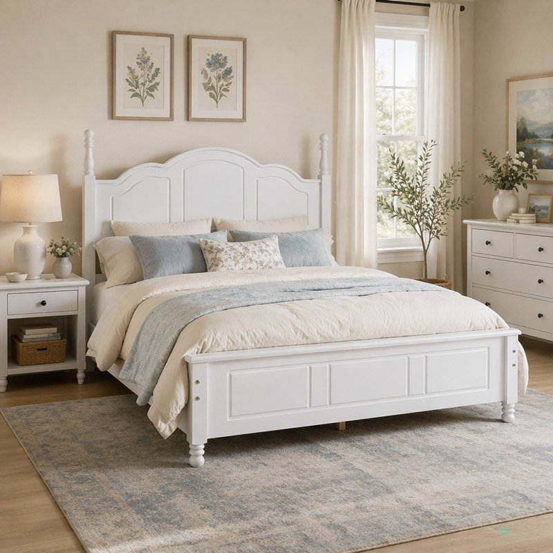 Structure de lit plateforme en bois, lit plateforme de style rétro avec support en lattes de bois, Double, Blanc