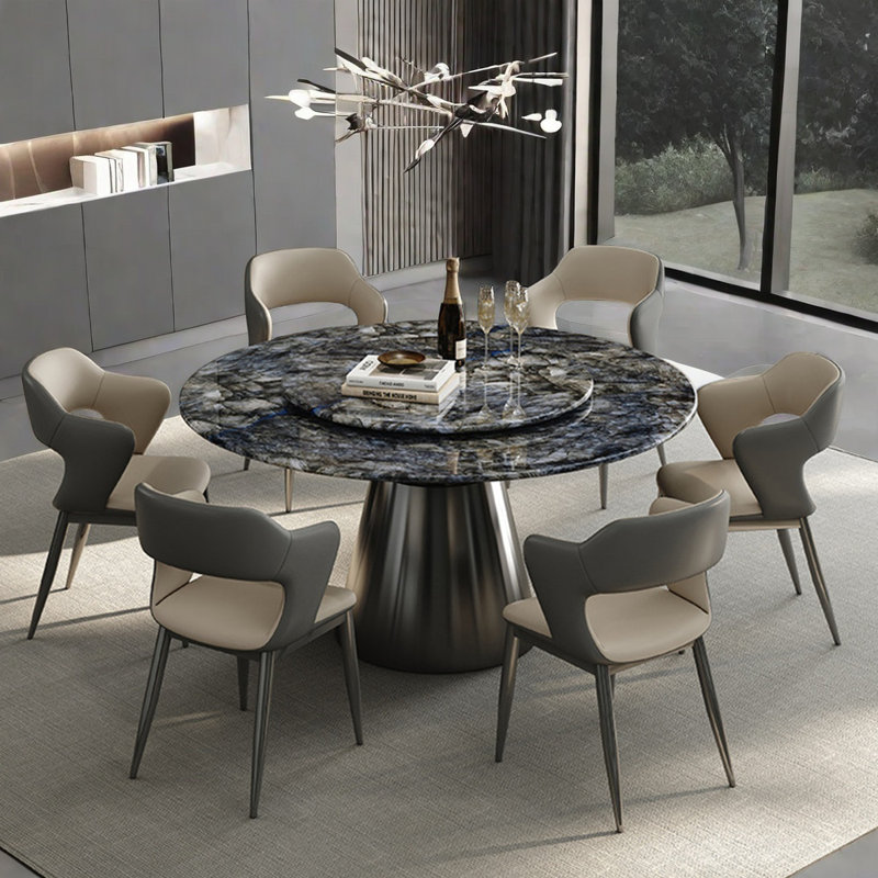 Modern Round Microlite Stone Dining Table Sets, 29.5"H x 51.1"L x 51.1" W, 9 Pieces: Table, 8 Chairs