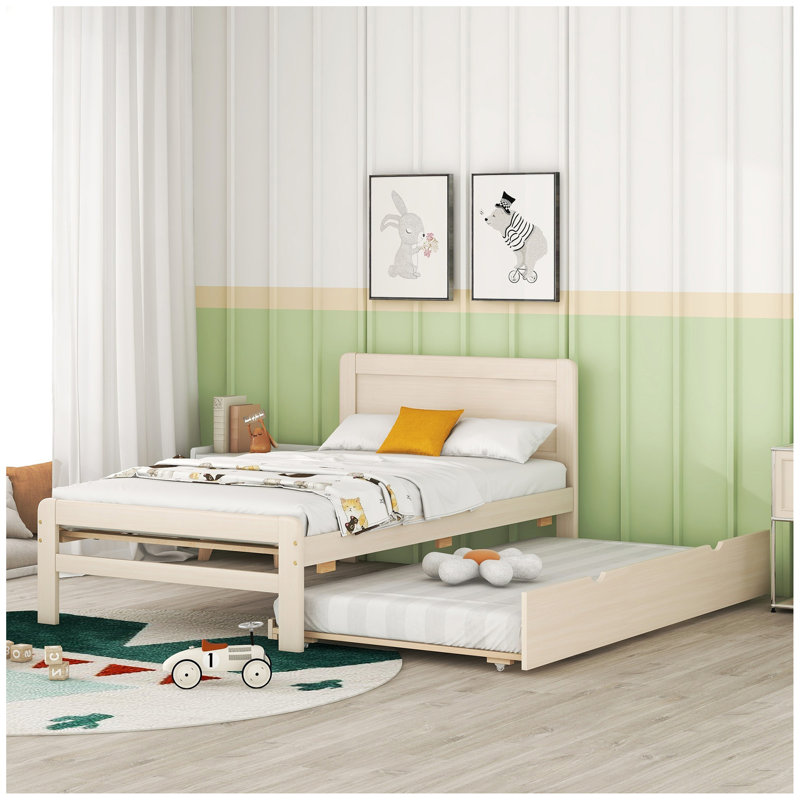Bed Frame with Trundle,Platform Bed,Beds, White Washed