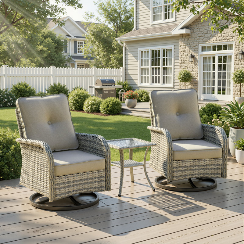 2-Person Patio Conversation Set With Rocking Swivel Chairs And Tempered-Glass Table, Taupe