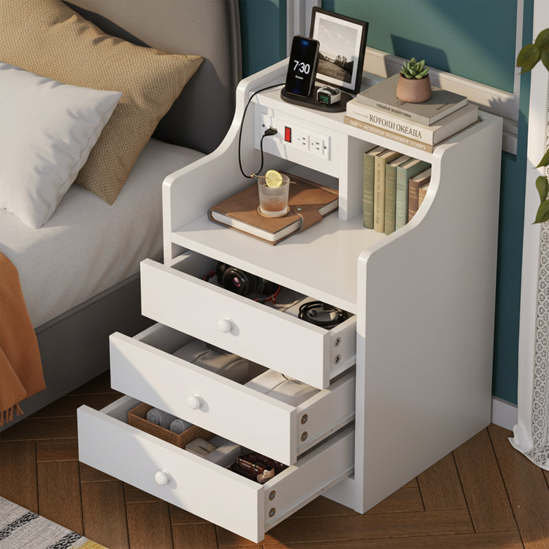 Table de chevet blanche de 17,7 po de largeur - Station de charge, dessus de huche, 3 tiroirs de rangement - Design moderne