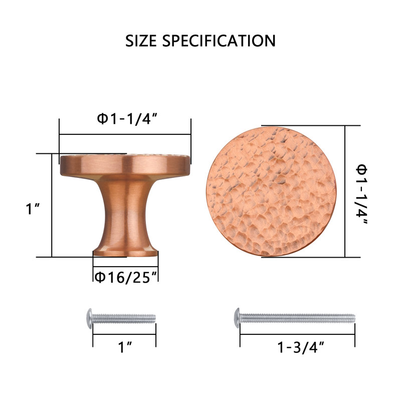 Hammered Copper Kitchen Cabinet Knob 1-1/4 inch Diameter 100% Solid Brass Drawer Knob 10 Packs, Hammered Copper