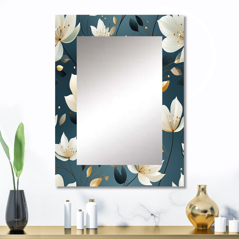 Motif floral élégant bleu sarcelle et ivoire Taeden - grand miroir floral, décor de miroir mural unique, art en métal