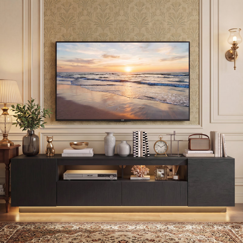Led Tv Stand,Large Entertainment Stand For Tv Cabinet With Storage Shelves,Sturdy Tv Console For Living Room, Bedroom, Black
