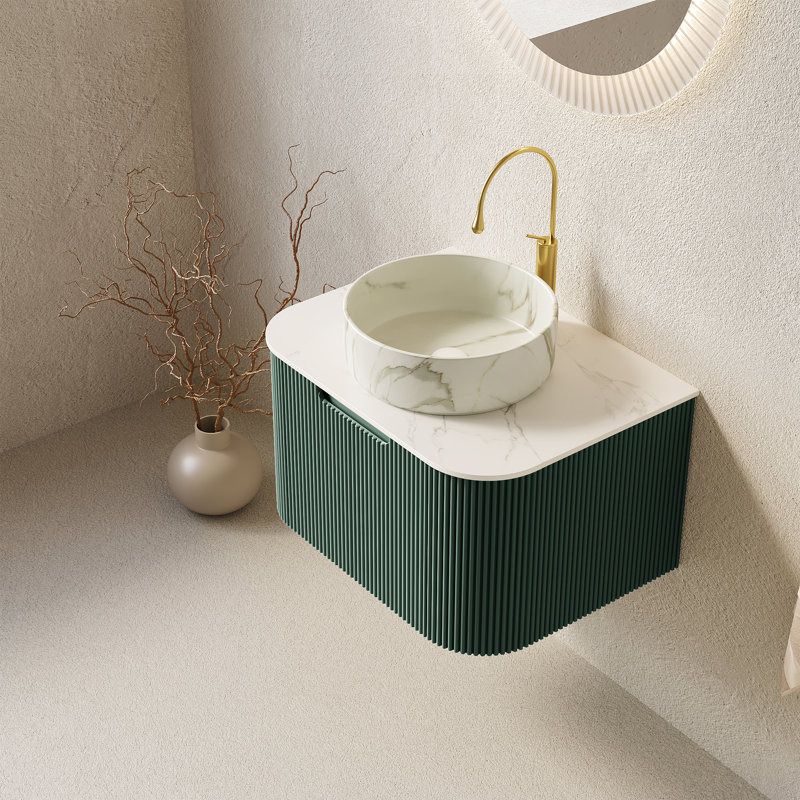 Meuble-lavabo de salle de bain mural à bords flottants courbés avec tiroir Dina, Vert