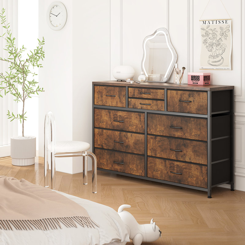 Meuble télé à dix tiroirs en grain de bois noir avec bacs en tissu pour le salon, la chambre, le meuble de rangement et la console multimédia