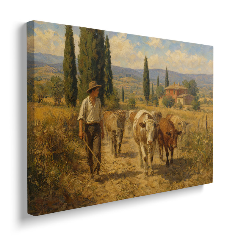Reproduction sur toile d'un tableau représentant un fermier gardant son bétail - 30 x 45 cm, H 12 po x l 18 po