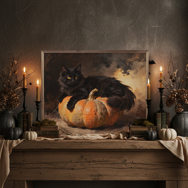 Black Cat On Pumpkin, H 8 po x l 10 po